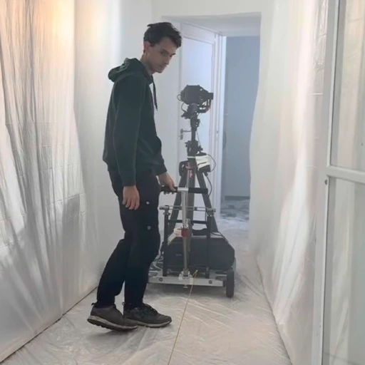 Rick Cosijn guiding a camera dolly on tracks, which carries a Blackmagic URSA Cine Immersive camera stabilized by a DJI Ronin gimbal.