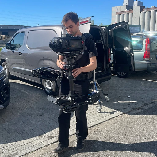 Steadicam operator Sander demonstrating smooth camera movement for the URSA Cine Immersive during a spatial video shoot.