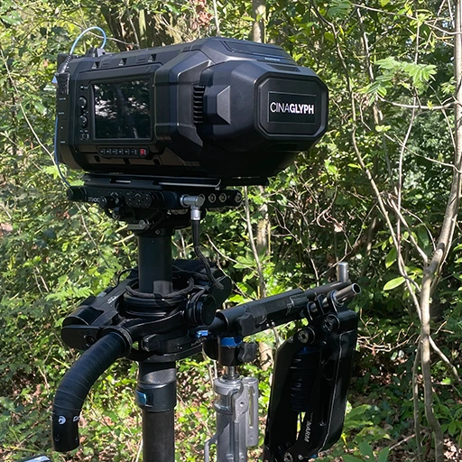 Close-up shot of the Blackmagic URSA Cine Immersive camera mounted on a Steadicam sled and arm.
