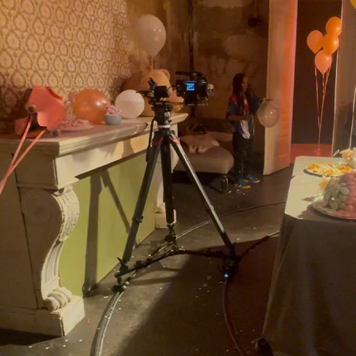 A RED V-Raptor camera with a Canon Dual Fisheye lens, mounted on a motorized dolly moving on a round rail track, capturing a party scene with people.