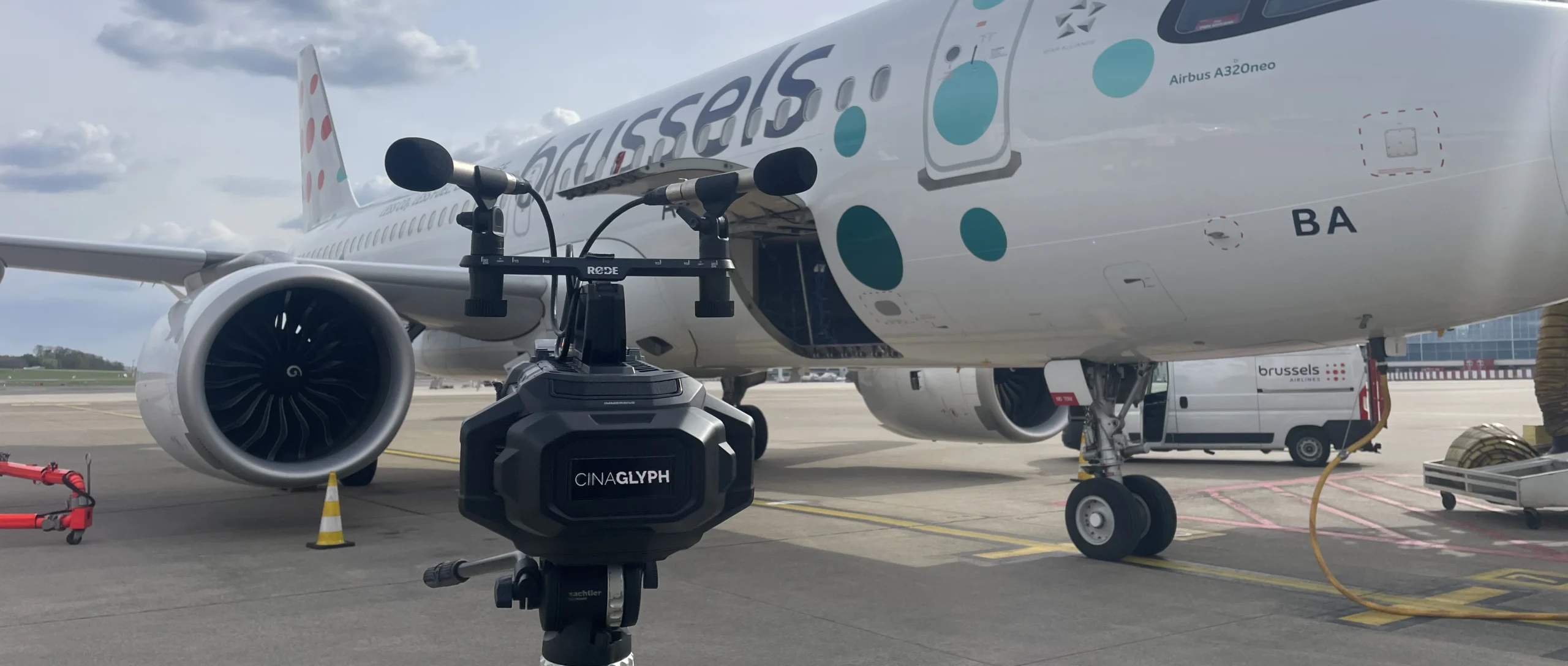The Blackmagic URSA Cine Immersive camera positioned in front of a Brussels Airlines airplane at Brussels Airport - Stargate.