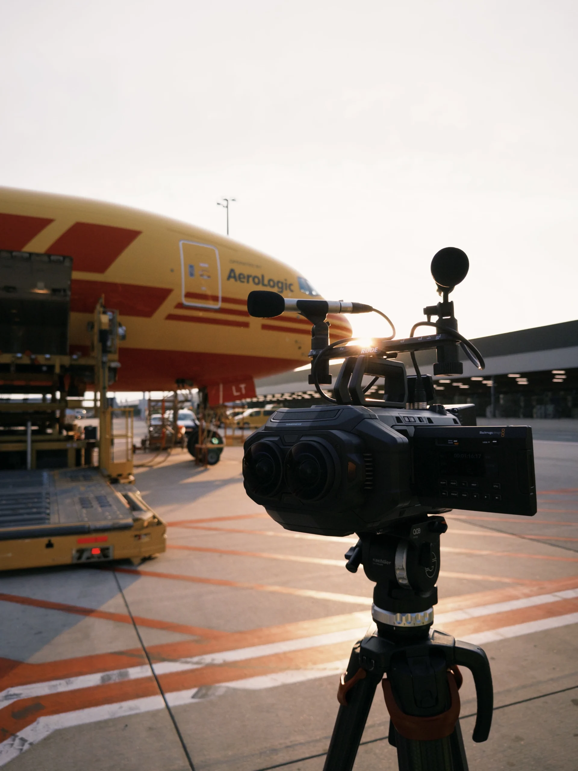 The Blackmagic URSA Cine Immersive camera set up during a sunset in front of a DHL Boeing 777 airplane at Brussels Airport.